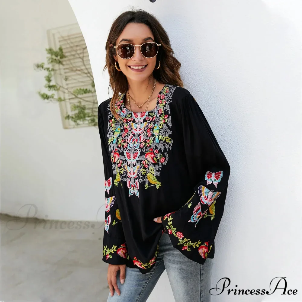 Large Flower Embroidery Baggy Cotton Boho Top - Image 6