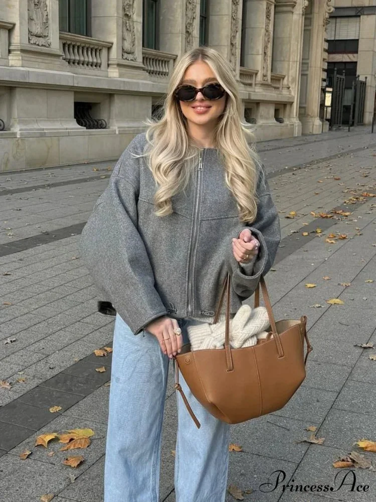 Large Grey Drawstring Woolen Coat - Image 2