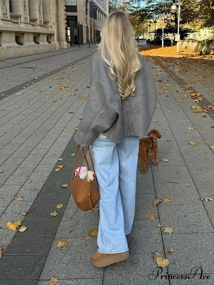 Large Grey Drawstring Woolen Coat - Image 5