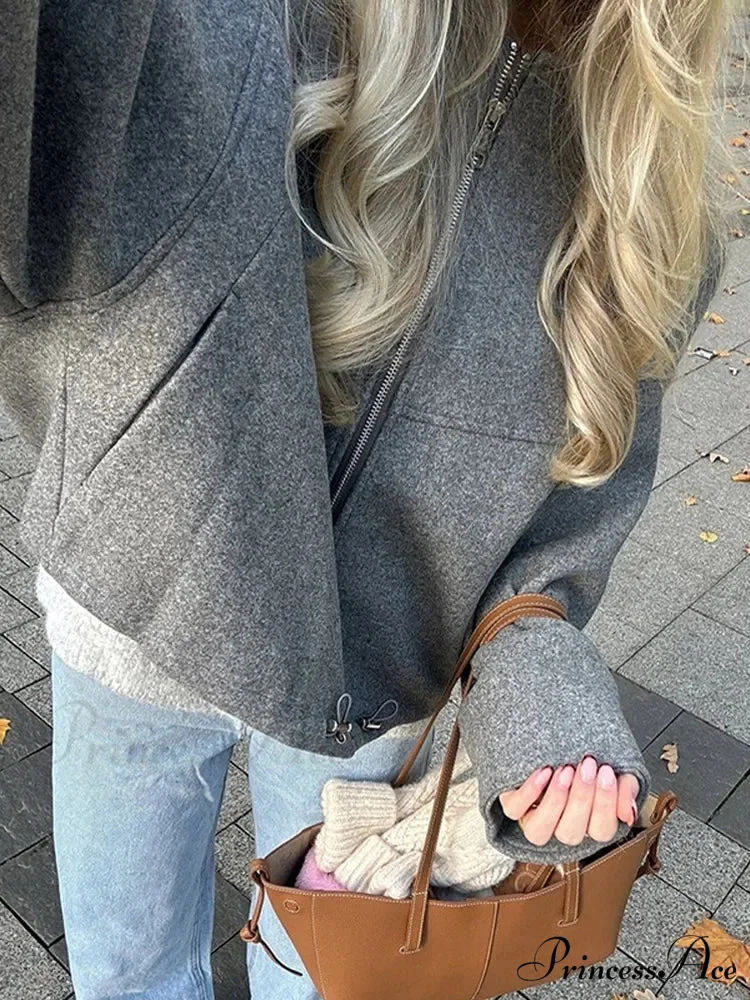 Large Grey Drawstring Woolen Coat - Image 6