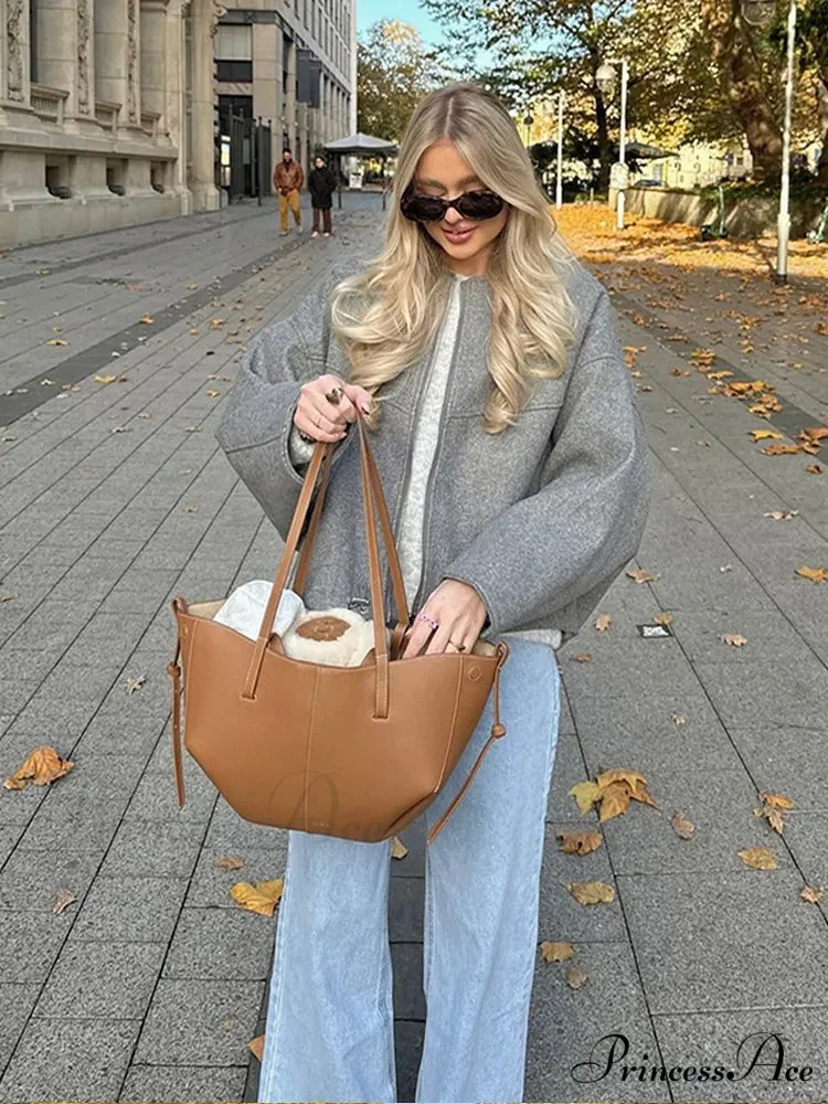 Large Grey Drawstring Woolen Coat - Image 7