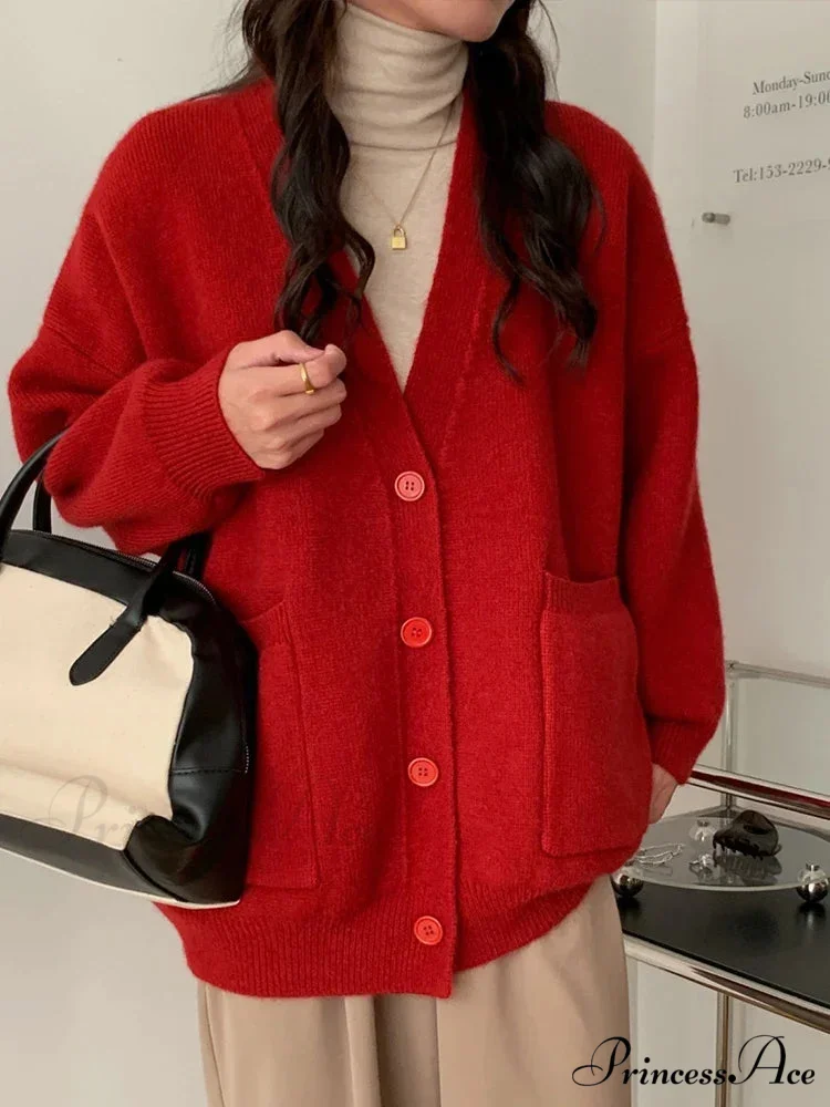 Large Preppy V-Neck Knitted Knit Cardigan - Image 2