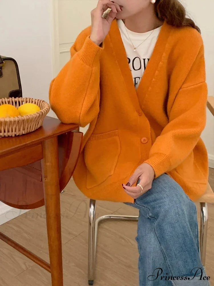 Large Preppy V-Neck Knitted Knit Cardigan - Image 4