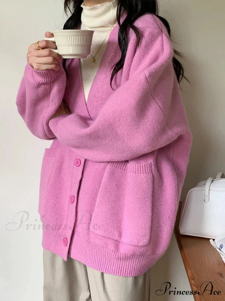 Large Preppy V-Neck Knitted Knit Cardigan - Image 7