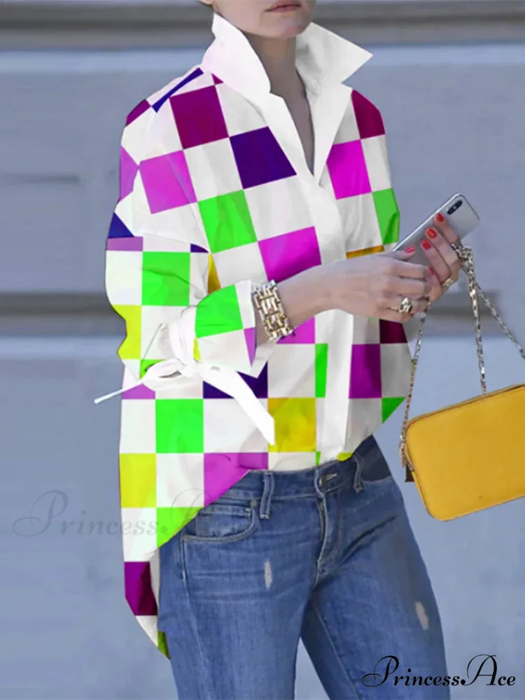 Large Size Patchwork Tartan Fold-down Collar Blouse - Image 2