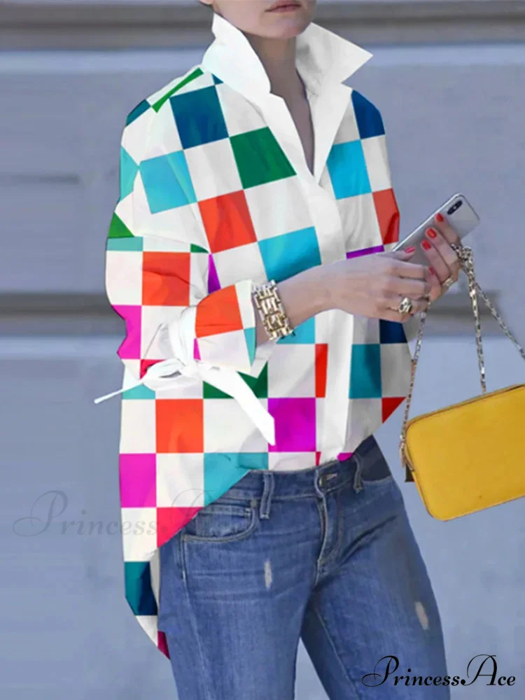 Large Size Patchwork Tartan Fold-down Collar Blouse - Image 3