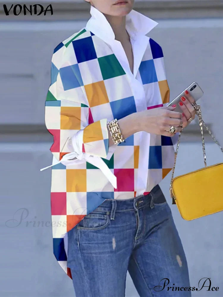 Large Size Patchwork Tartan Fold-down Collar Blouse - Image 4