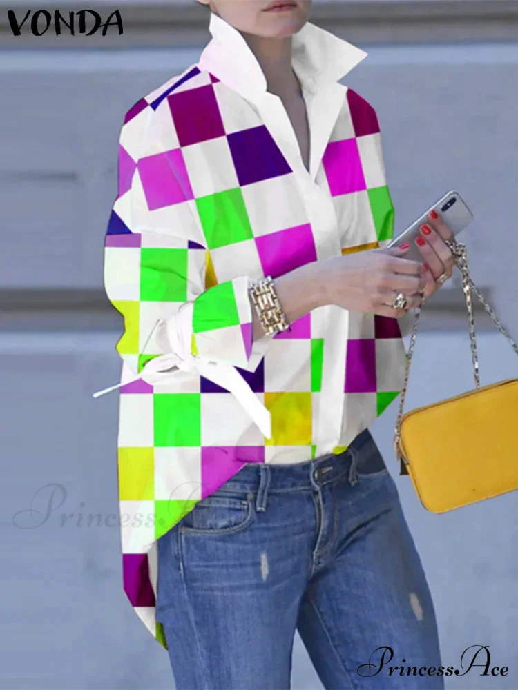 Large Size Patchwork Tartan Fold-down Collar Blouse - Image 5
