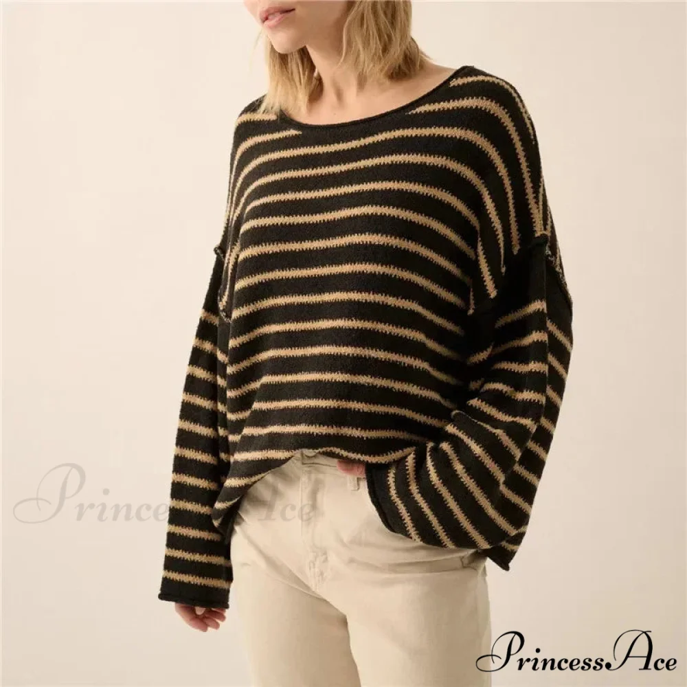 Large Striped V-Neck Color Block Knit Sweater Knit Top - Image 11