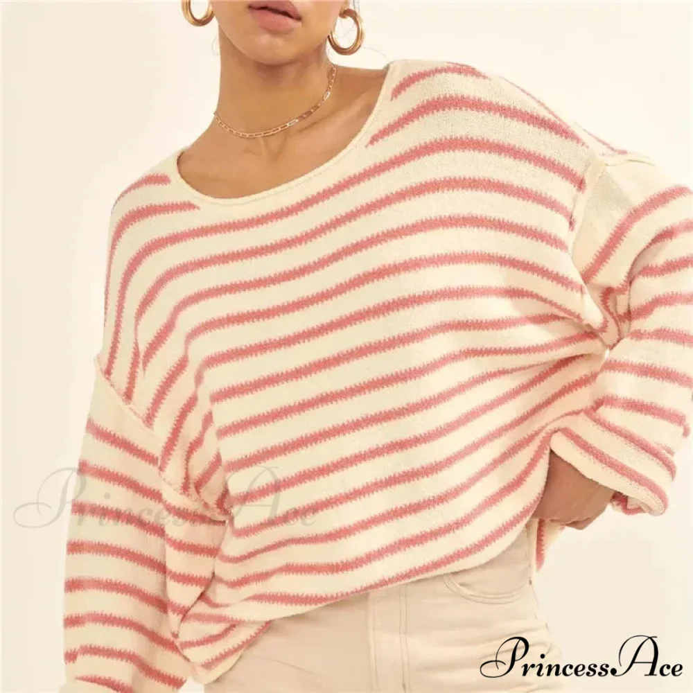 Large Striped V-Neck Color Block Knit Sweater Knit Top - Image 12