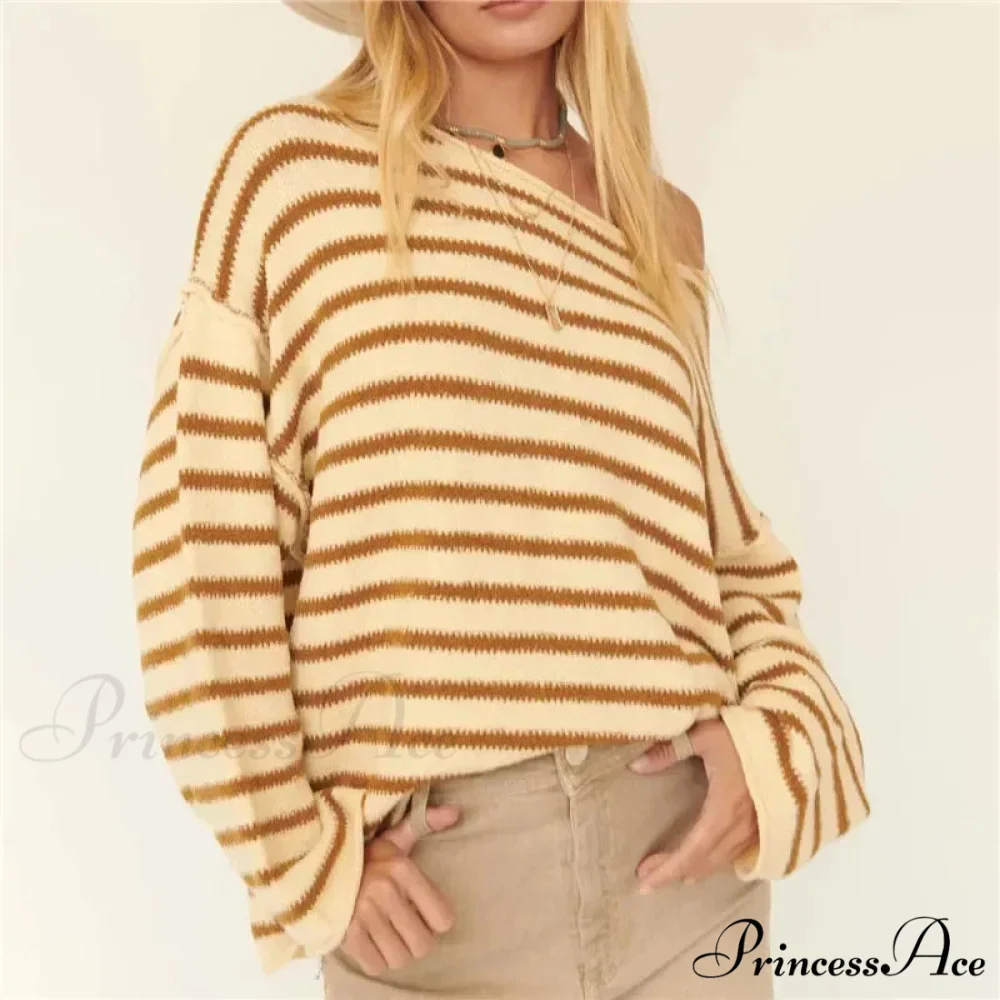 Large Striped V-Neck Color Block Knit Sweater Knit Top - Image 14