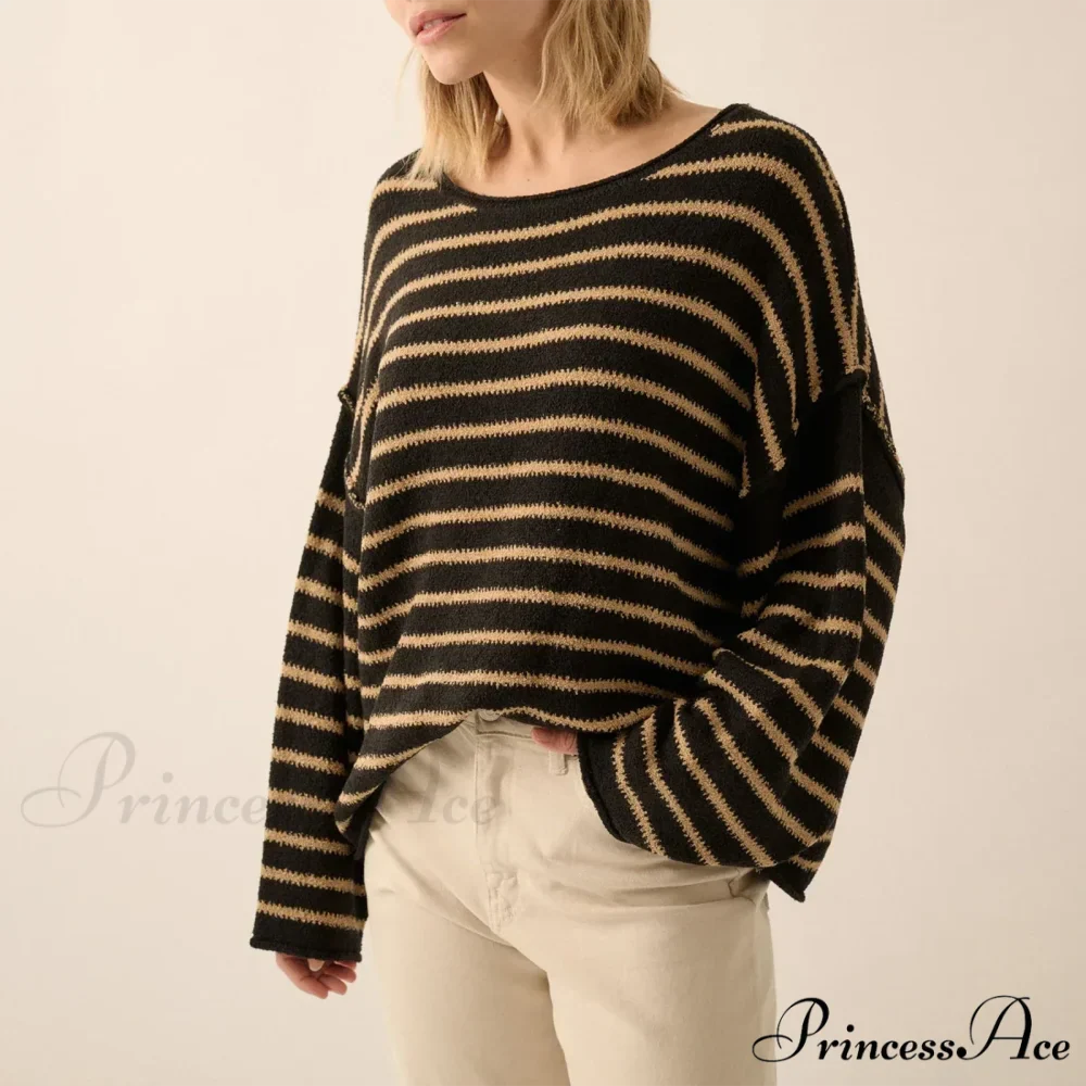 Large Striped V-Neck Color Block Knit Sweater Knit Top - Image 2
