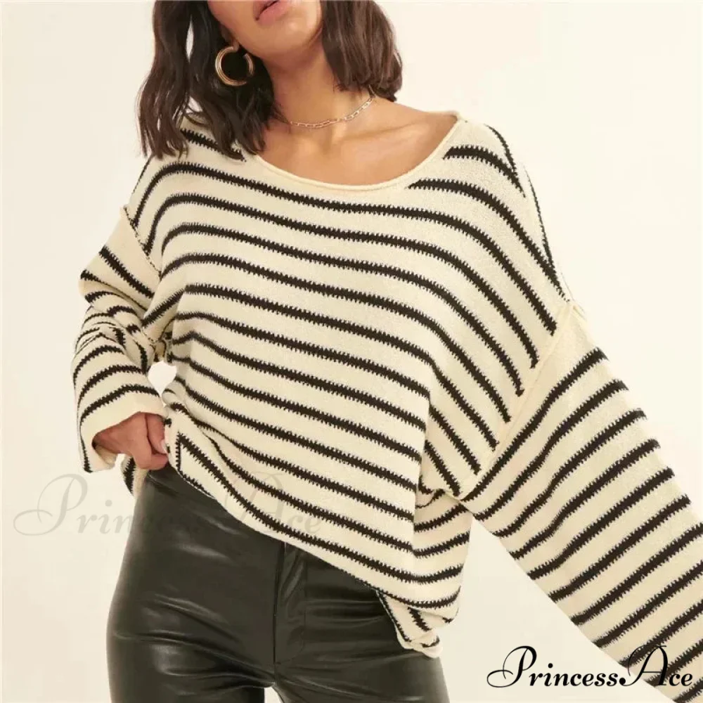 Large Striped V-Neck Color Block Knit Sweater Knit Top - Image 3