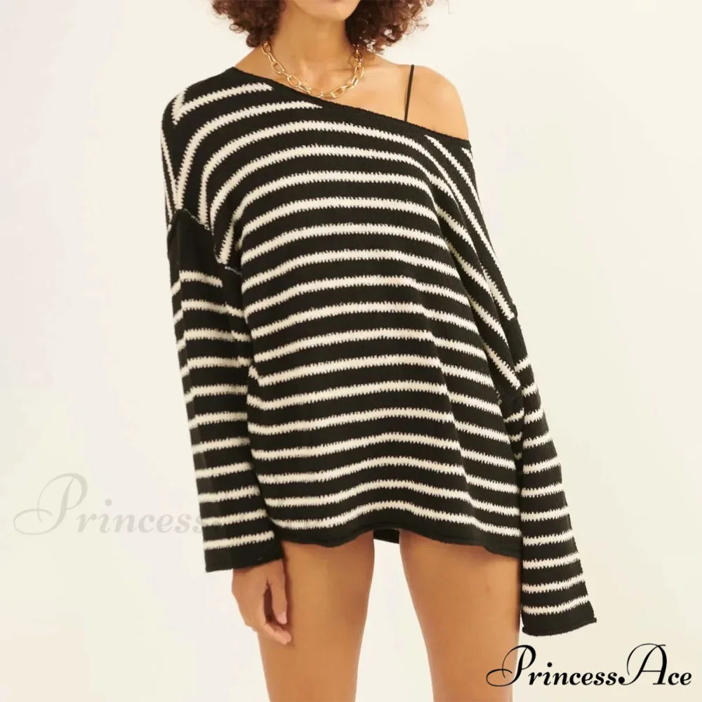 Large Striped V-Neck Color Block Knit Sweater Knit Top - Image 4