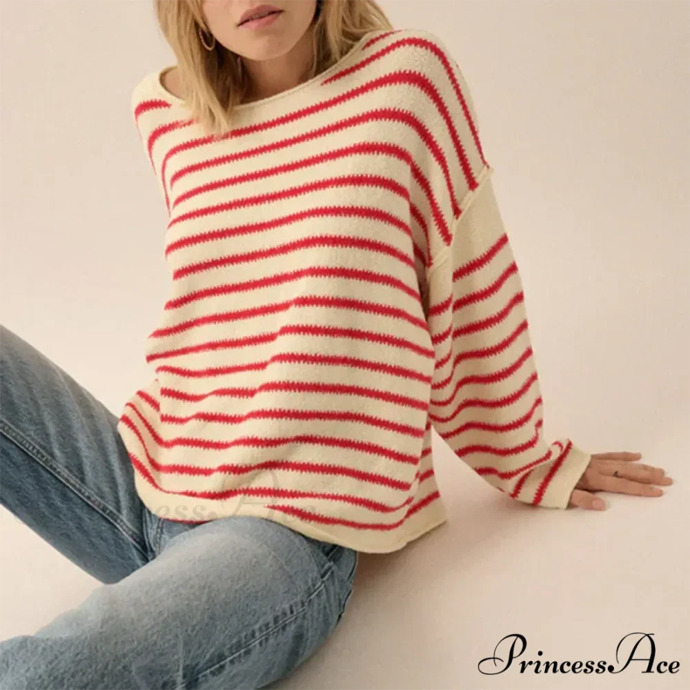 Large Striped V-Neck Color Block Knit Sweater Knit Top - Image 5