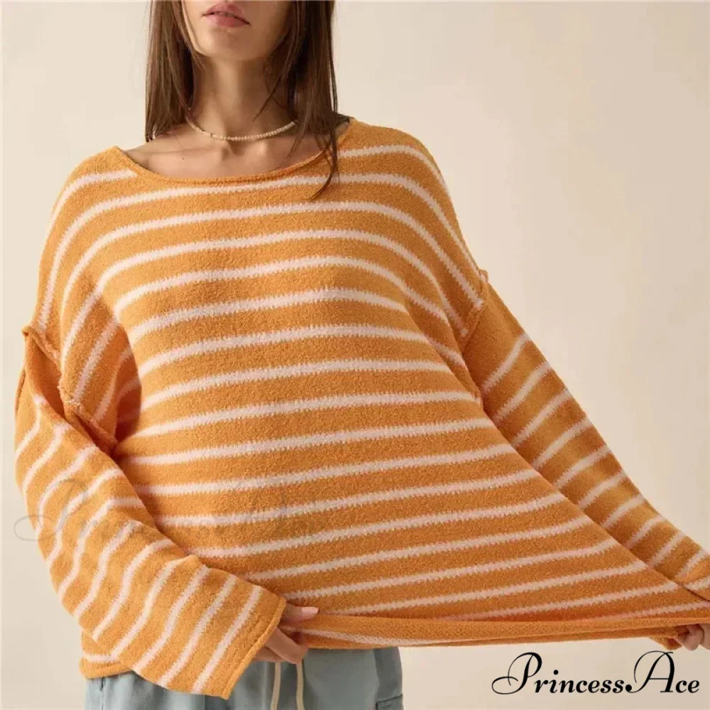Large Striped V-Neck Color Block Knit Sweater Knit Top - Image 7