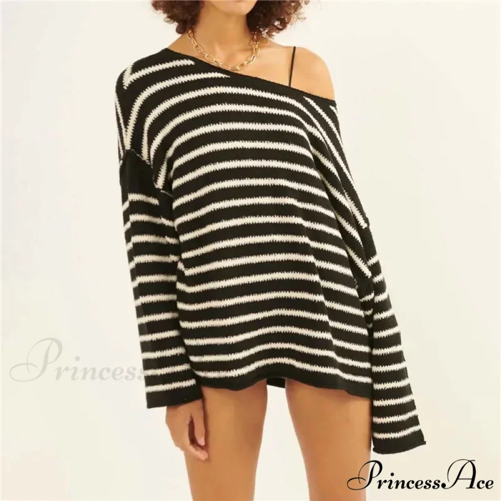 Large Striped V-Neck Color Block Knit Sweater Knit Top - Image 8
