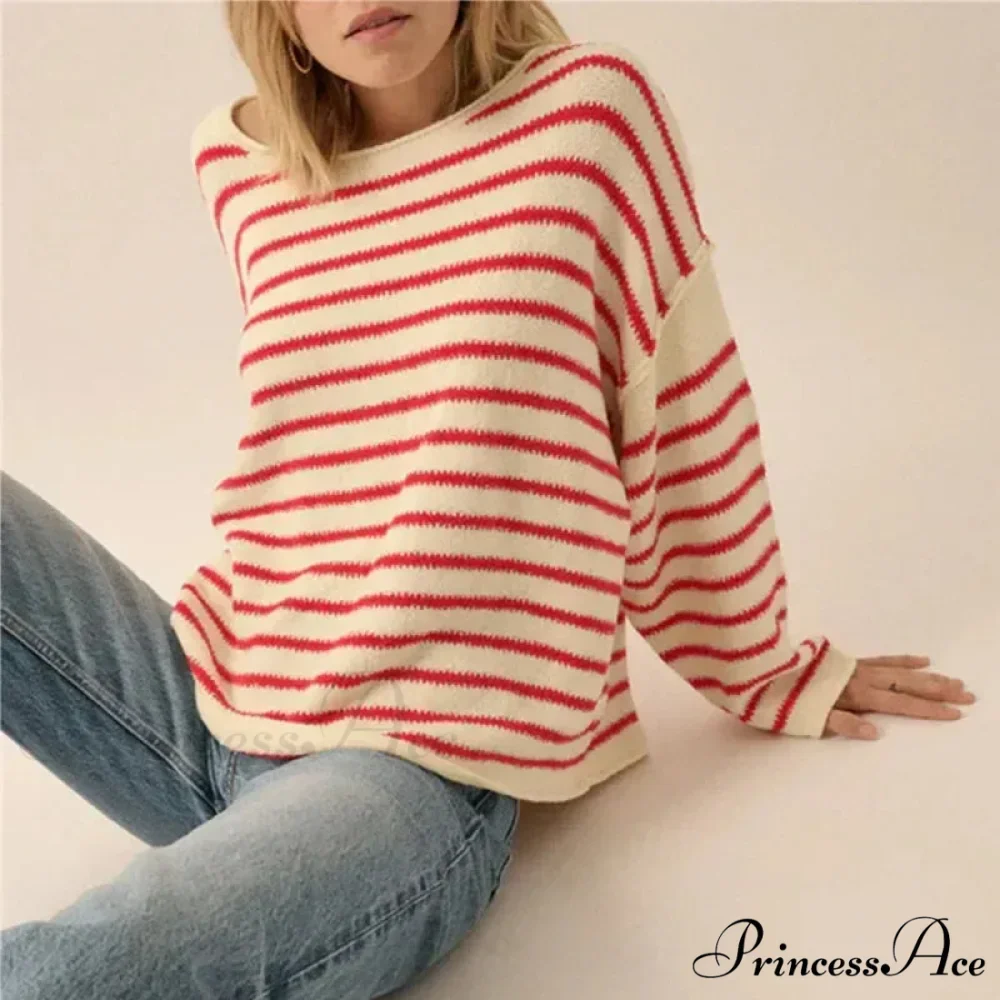 Large Striped V-Neck Color Block Knit Sweater Knit Top - Image 9