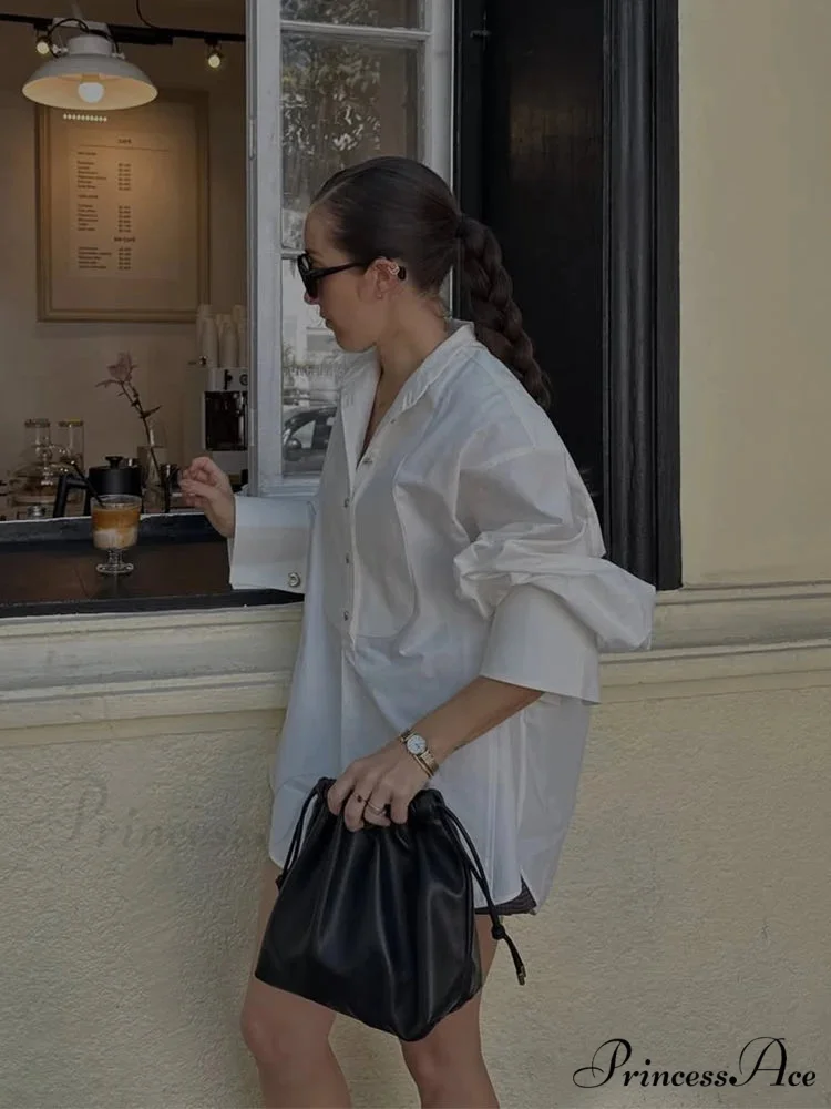 Large White Lapel Full Sleeve Side Split Blouse - Image 3
