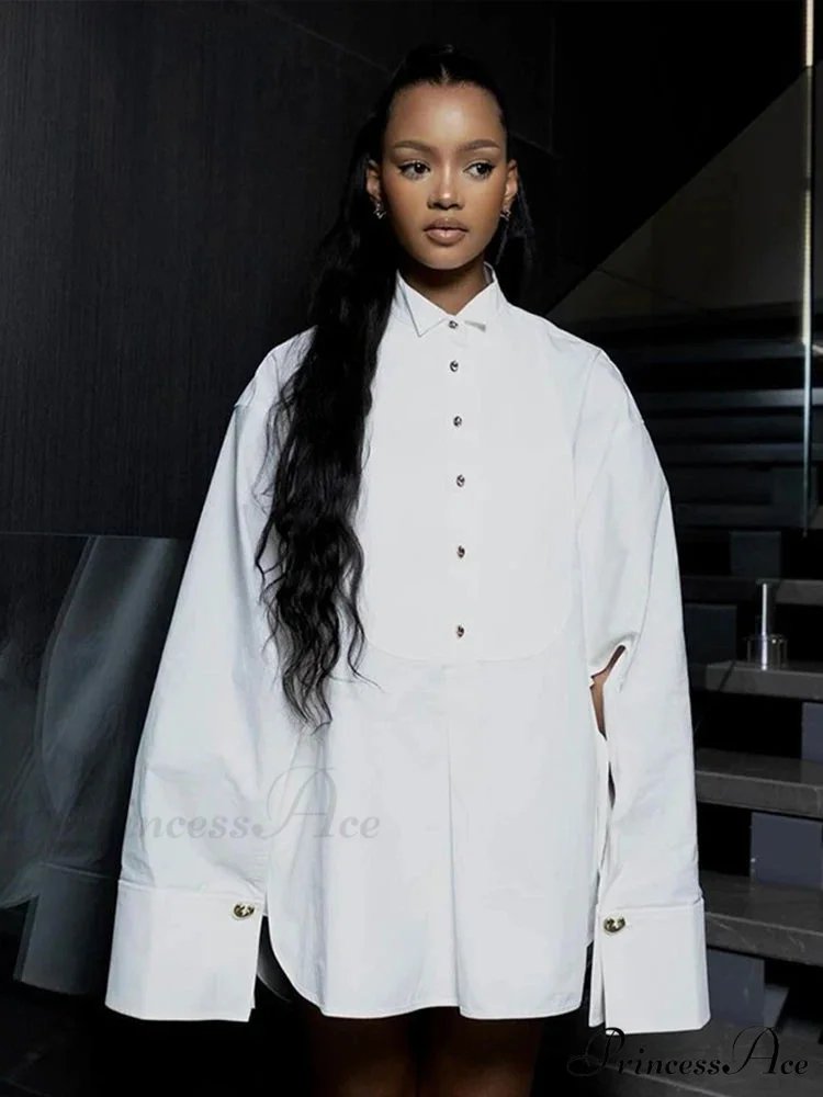 Large White Lapel Full Sleeve Side Split Blouse - Image 5
