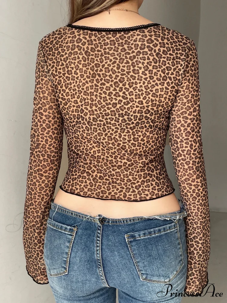 Leopard Divided Mesh Trim Narrow Square Neck Long Sleeve Knit Top - Image 2