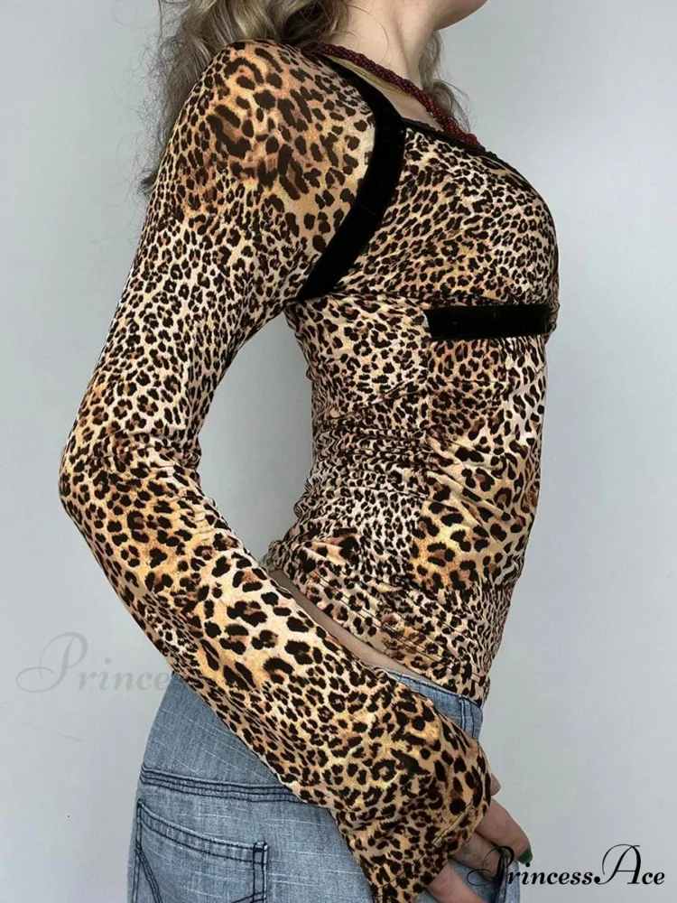 Leopard Patchwork Sleek Square Collar Extended Sleeve Knit Top - Image 2
