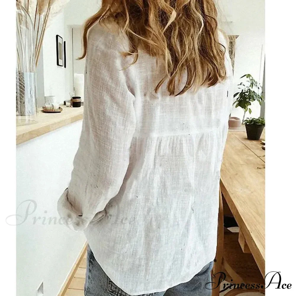 Linen Cotton Button-up Navy Office Blouse - Image 4