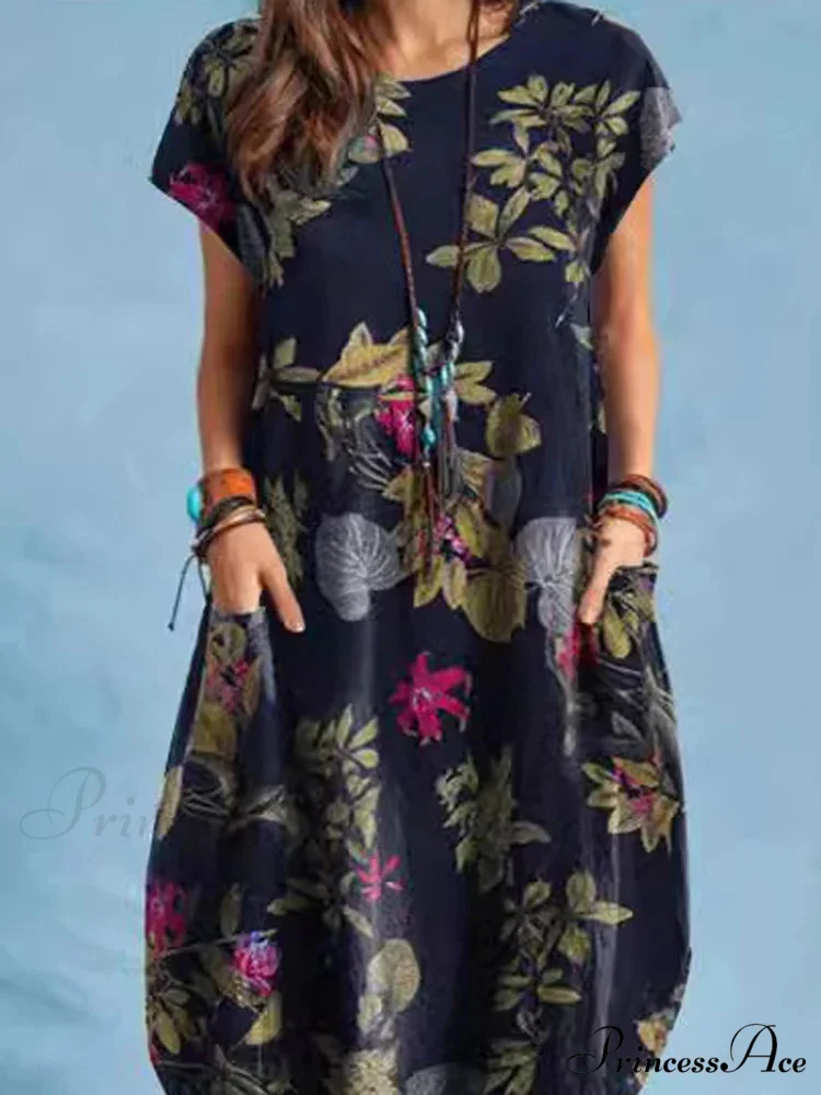 Linen Loose Round-neck Floral Dress - Image 2