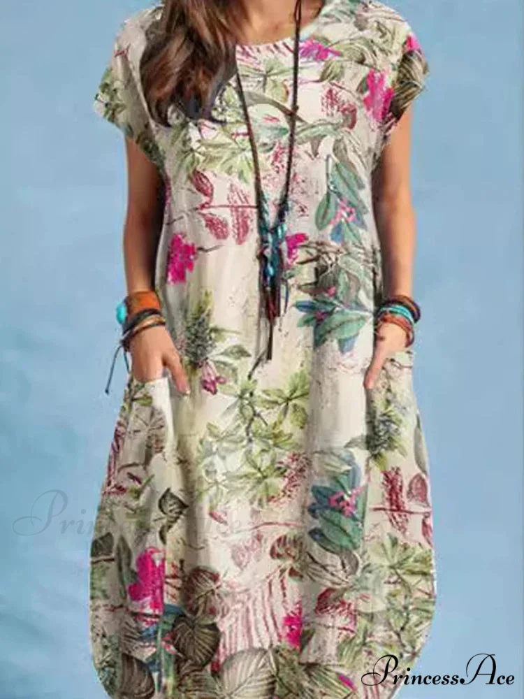 Linen Loose Round-neck Floral Dress - Image 3