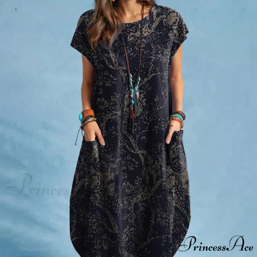 Linen Loose Round-neck Floral Dress - Image 4