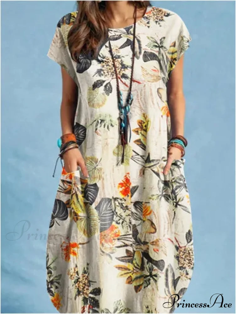 Linen Loose Round-neck Floral Dress - Image 5