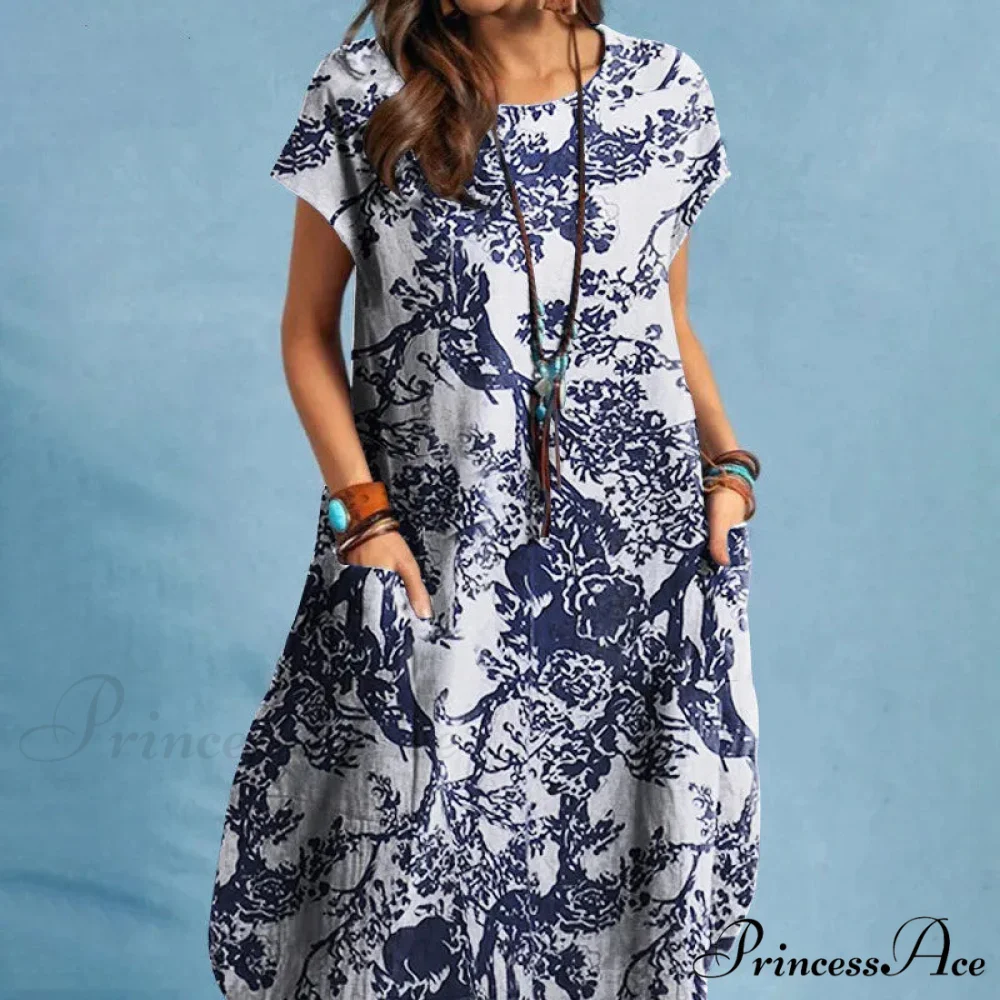 Linen Loose Round-neck Floral Dress - Image 6
