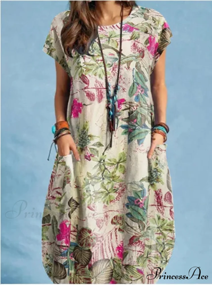 Linen Loose Round-neck Floral Dress - Image 7