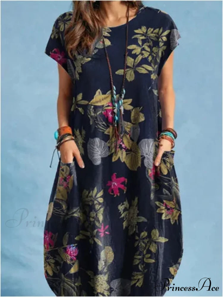 Linen Loose Round-neck Floral Dress - Image 8