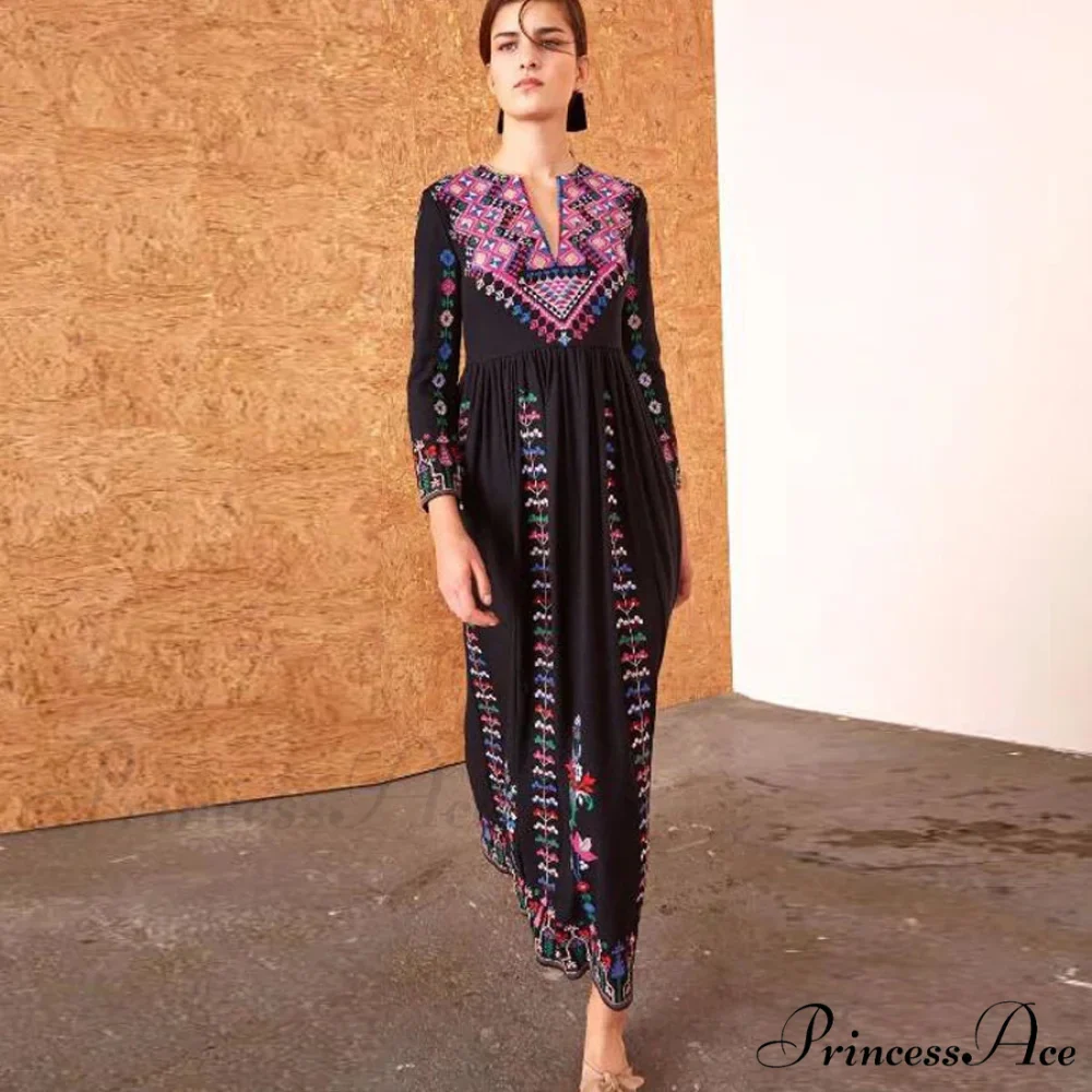 Long Dress Ethnic Floral Embroidery Rayon V-neck Stylish Dress - Image 3