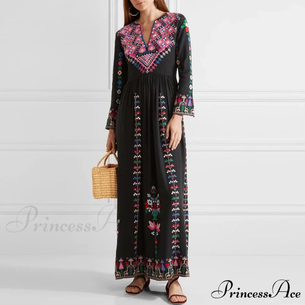 Long Dress Ethnic Floral Embroidery Rayon V-neck Stylish Dress - Image 4