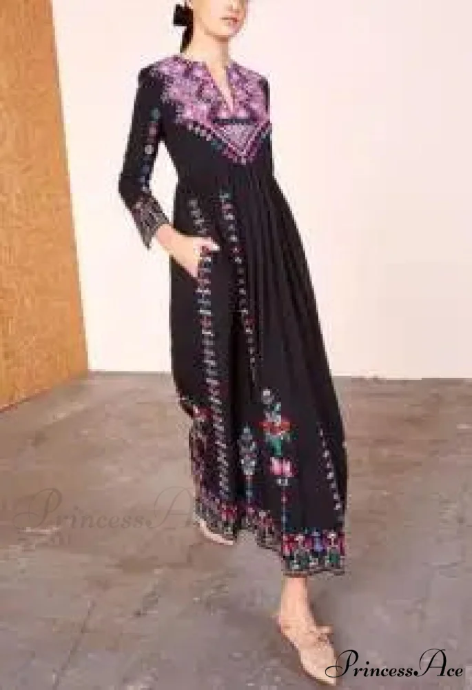 Long Dress Ethnic Floral Embroidery Rayon V-neck Stylish Dress - Image 5