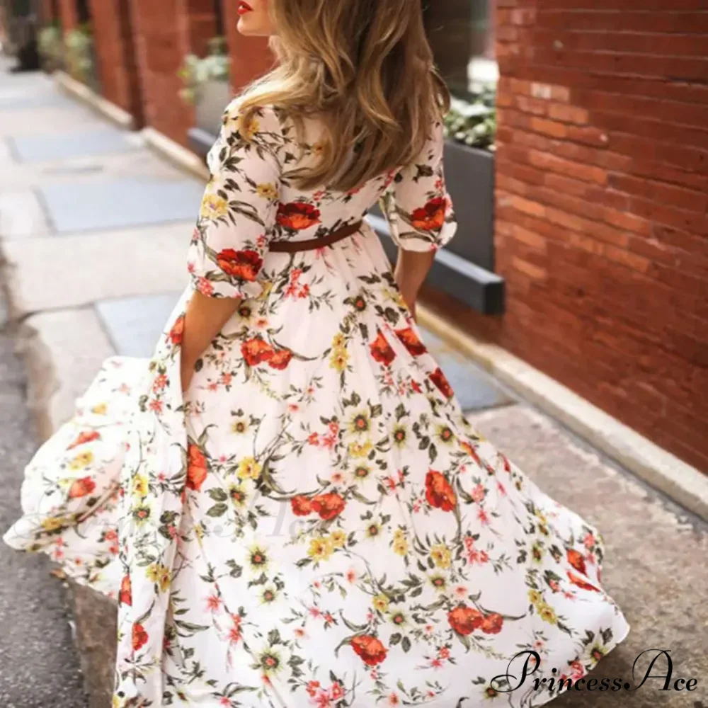 Long Dress Floral Pattern Pleated Swing Evening Dress - Image 3