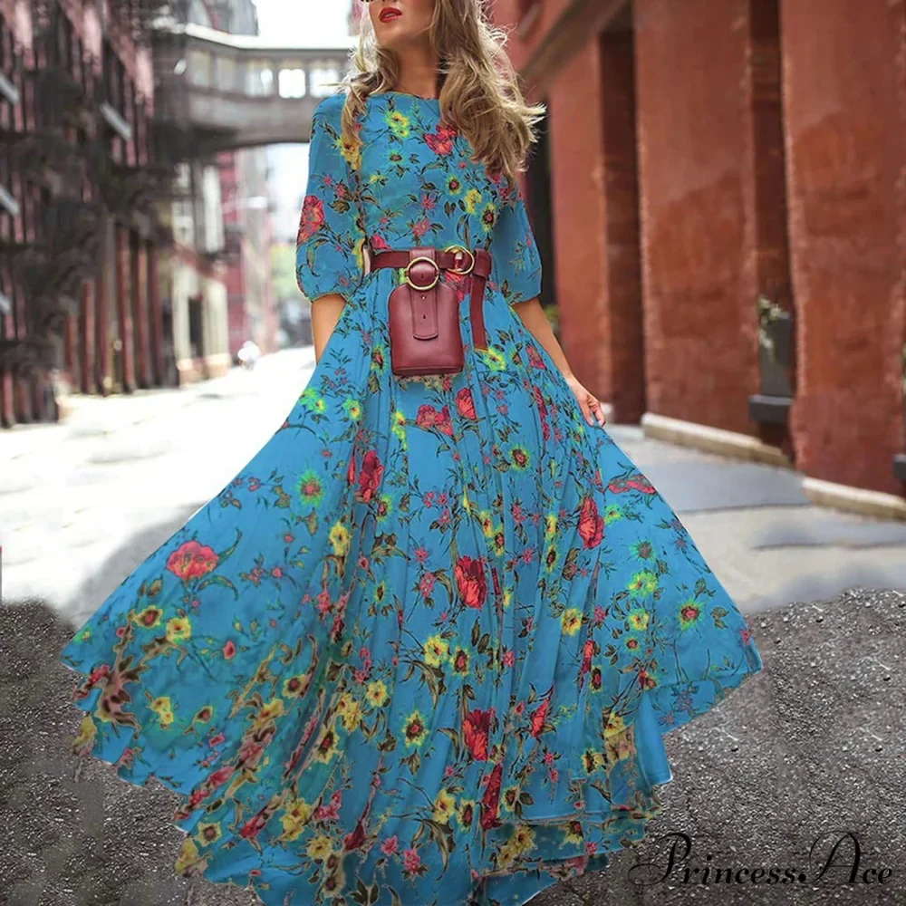 Long Dress Floral Pattern Pleated Swing Evening Dress - Image 5
