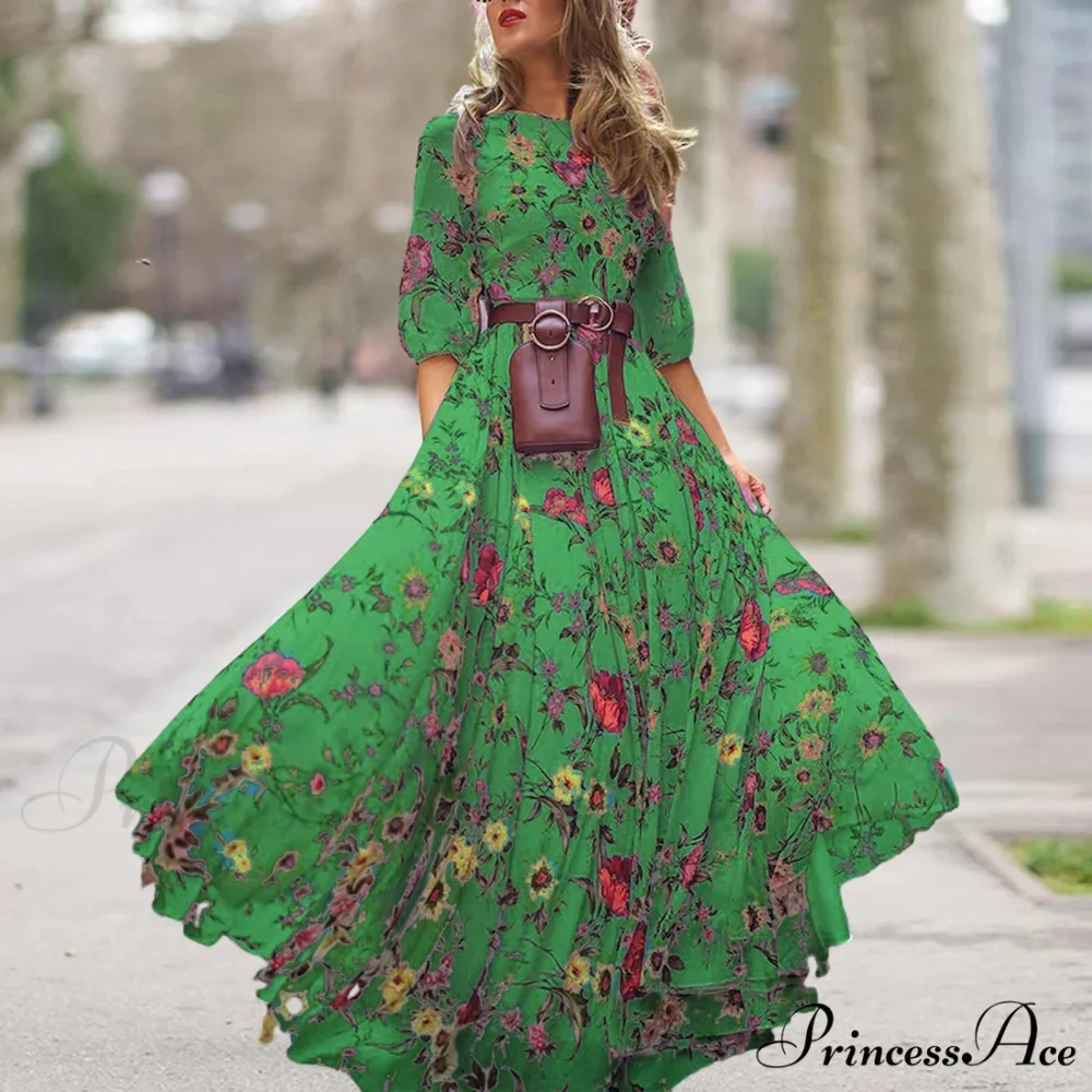 Long Dress Floral Pattern Pleated Swing Evening Dress - Image 6