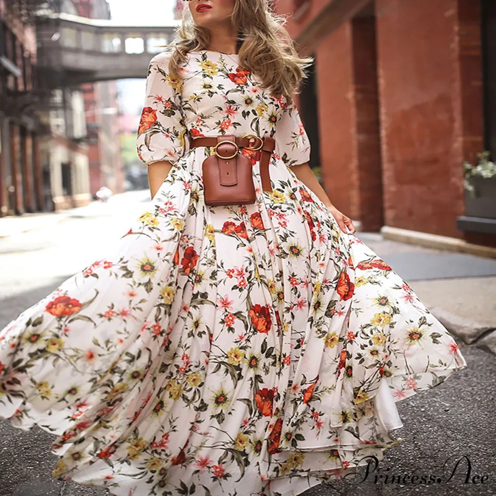 Long Dress Floral Pattern Pleated Swing Evening Dress - Image 7