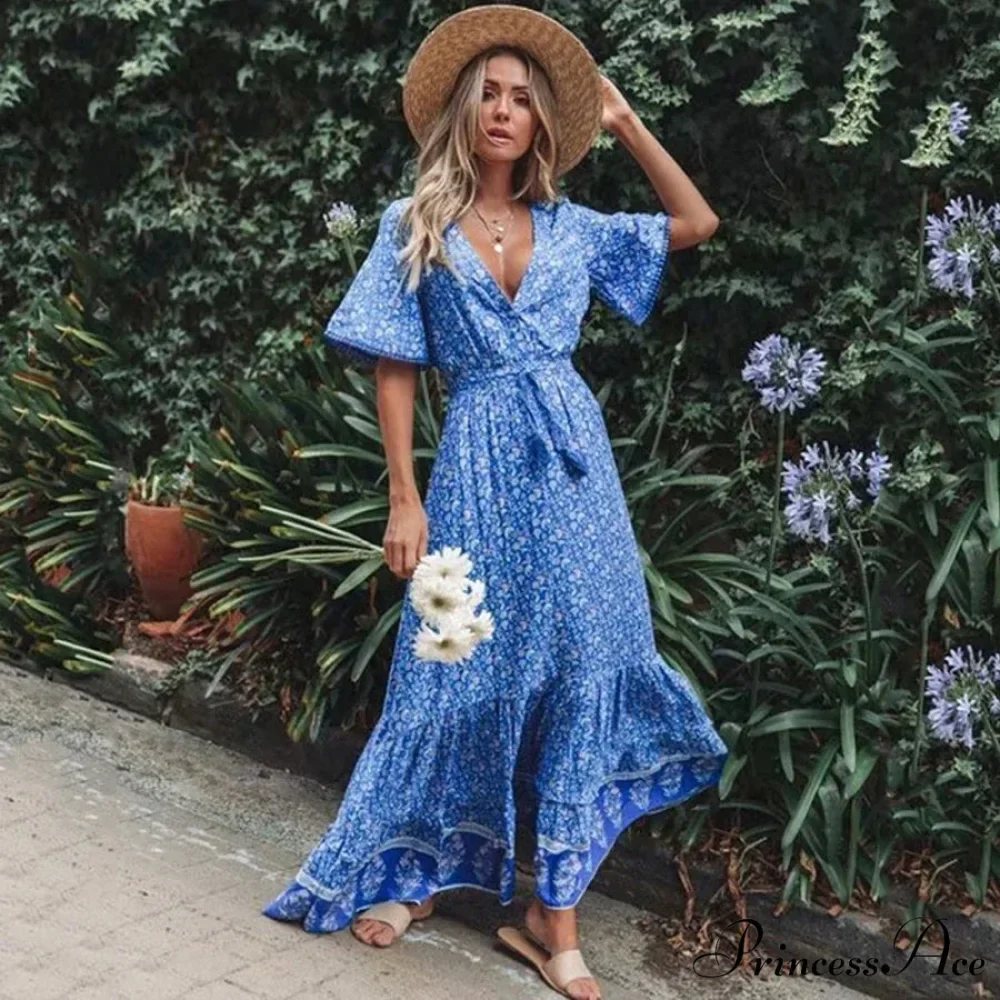 Long Dresses for Women Cotton Rayon Blue Floral Print Deep V-neck Boho Summer Dress - Image 2