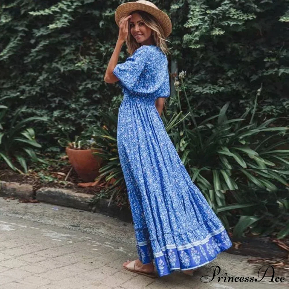Long Dresses for Women Cotton Rayon Blue Floral Print Deep V-neck Boho Summer Dress - Image 3