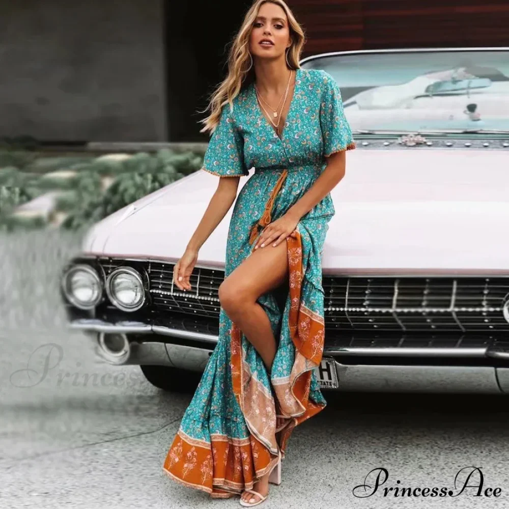 Long Dresses for Women Cotton Rayon Blue Floral Print Deep V-neck Boho Summer Dress - Image 4