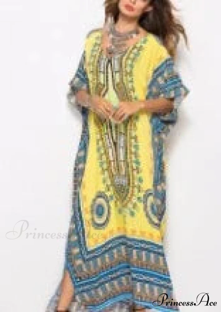 Long Kaftan Dress Rayon Cultural Floral Print Beach Sundress - Image 11