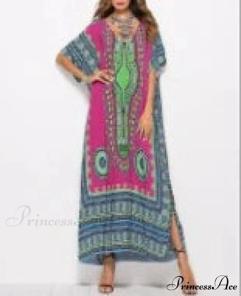 Long Kaftan Dress Rayon Cultural Floral Print Beach Sundress - Image 12