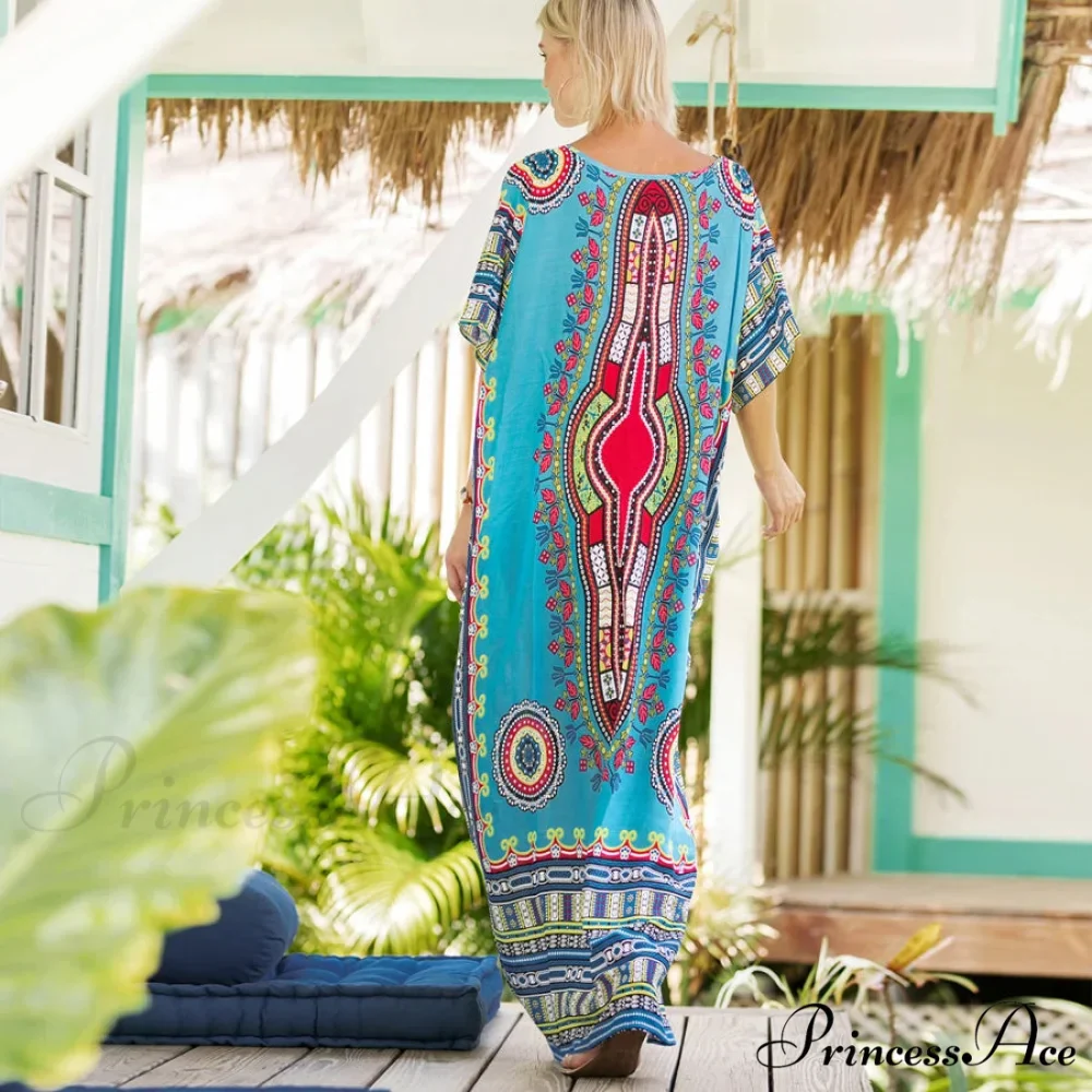Long Kaftan Dress Rayon Cultural Floral Print Beach Sundress - Image 3