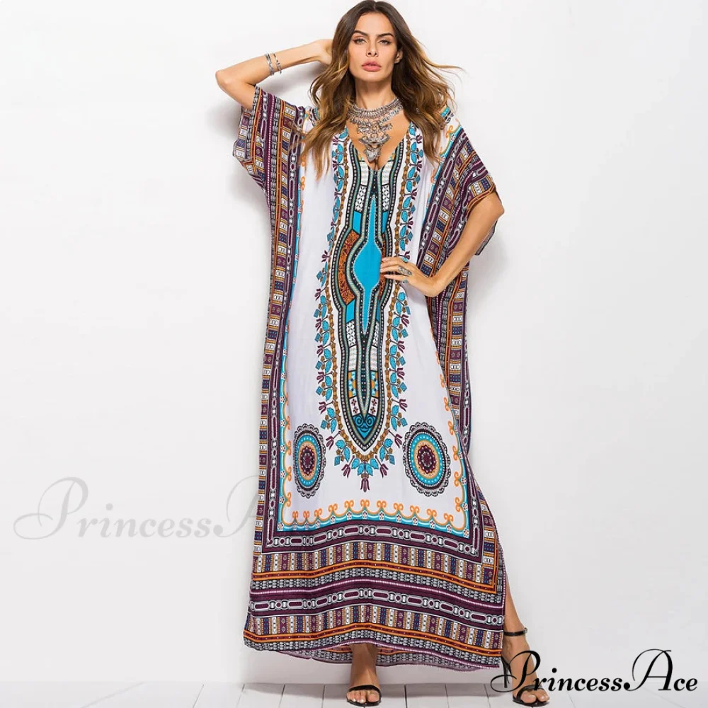 Long Kaftan Dress Rayon Cultural Floral Print Beach Sundress - Image 4