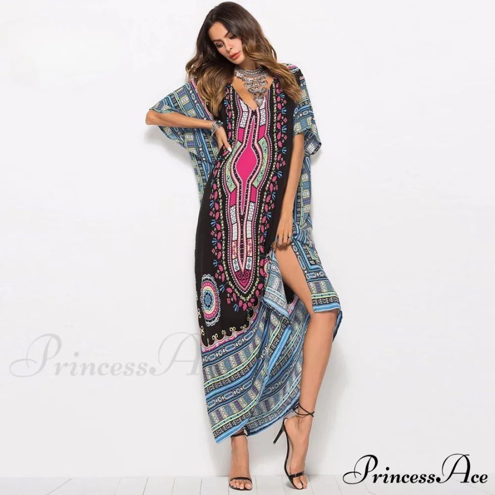 Long Kaftan Dress Rayon Cultural Floral Print Beach Sundress - Image 5