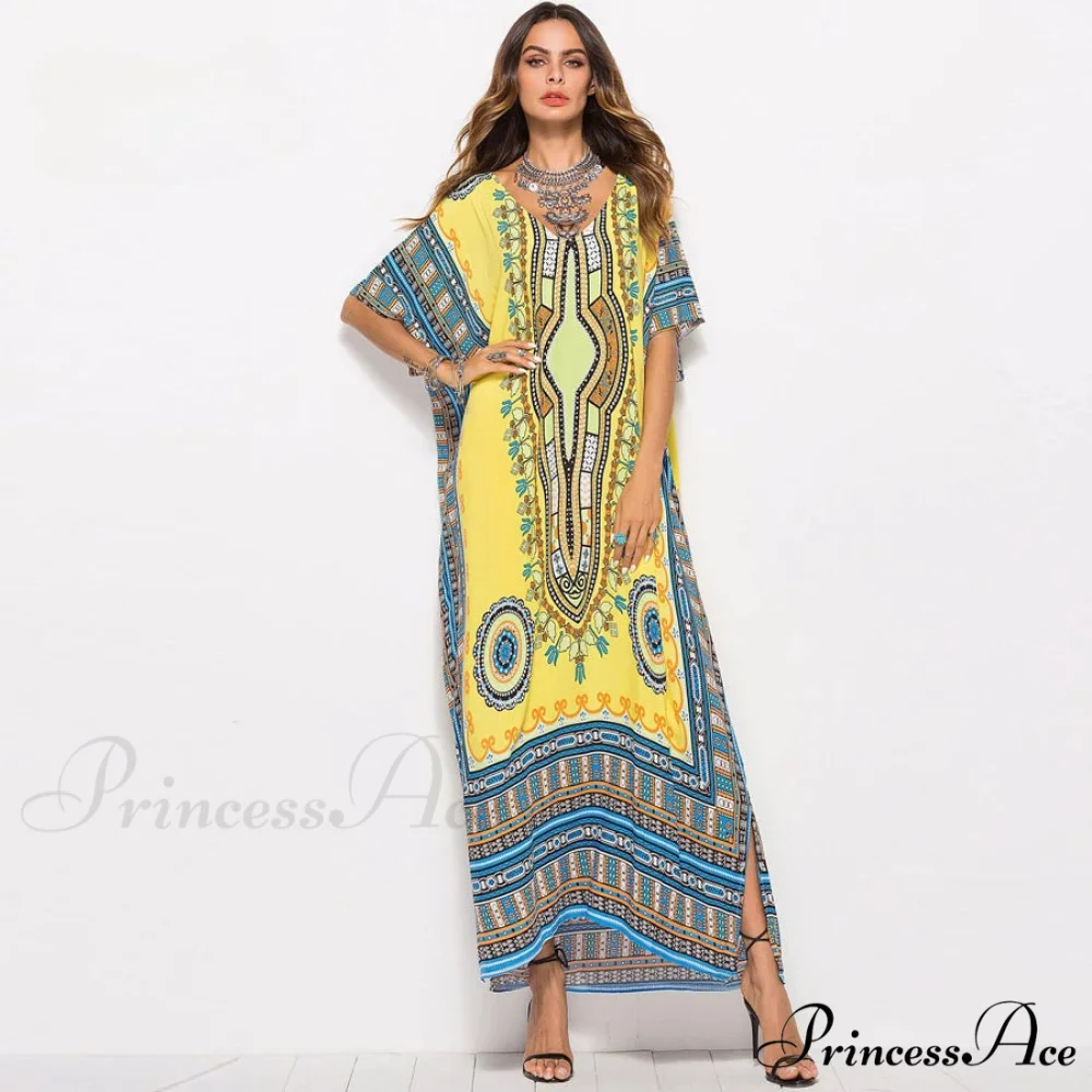 Long Kaftan Dress Rayon Cultural Floral Print Beach Sundress - Image 6